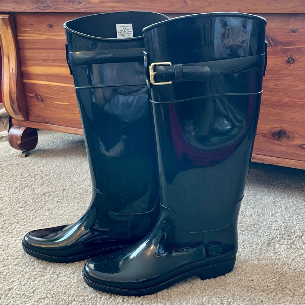 Ralph Lauren high black rain boots, size 8.